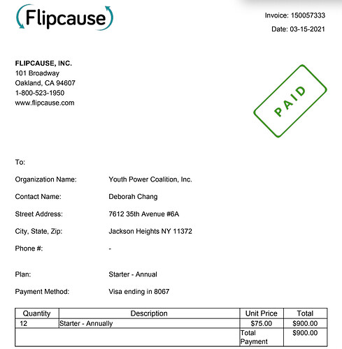 Screenshot of Flipcause invoice - paid on 03-15-2021, $75/month, prepaid $900 for the full year